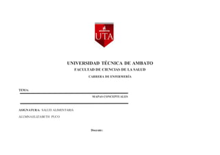 UNIVERSIDAD TÉCNICA DE AMBATO
FACULTAD DE CIENCIAS DE LA SALUD
CARRERA DE ENFERMERÍA
TEMA:
MAPAS CONCEPTUALES
ASIGNATURA: SALUD ALIMENTARIA
ALUMNA:ELIZABETH PUCO
Docente:
 