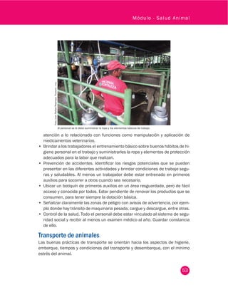 53
Módulo - Salud Animal
atención a lo relacionado con funciones como manipulación y aplicación de
medicamentos veterinarios.
•	 Brindar a los trabajadores el entrenamiento básico sobre buenos hábitos de hi-
giene personal en el trabajo y suministrarles la ropa y elementos de protección
adecuados para la labor que realizan.
•	 Prevención de accidentes. Identificar los riesgos potenciales que se pueden
presentar en las diferentes actividades y brindar condiciones de trabajo segu-
ras y saludables. Al menos un trabajador debe estar entrenado en primeros
auxilios para socorrer a otros cuando sea necesario.
•	 Ubicar un botiquín de primeros auxilios en un área resguardada, pero de fácil
acceso y conocida por todos. Estar pendiente de renovar los productos que se
consumen, para tener siempre la dotación básica.
•	 Señalizar claramente las zonas de peligro con avisos de advertencia, por ejem-
plo donde hay tránsito de maquinaria pesada, cargue y descargue, entre otras.
•	 Control de la salud. Todo el personal debe estar vinculado al sistema de segu-
ridad social y recibir al menos un examen médico al año. Guardar constancia
de ello.
Transporte de animales
Las buenas prácticas de transporte se orientan hacia los aspectos de higiene,
embarque, tiempos y condiciones del transporte y desembarque, con el mínimo
estrés del animal.
Foto:JuanRafaelRestrepo.Fedegán-fng.
Al personal se le debe suministrar la ropa y los elementos básicos de trabajo.
 
