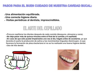 PASOS PARA EL BUEN CUIDADO DE NUESTRA CAVIDAD BUCAL:· Una alimentación equilibrada.· Una correcta higiene diaria. ·  Visitas periódicas al dentista, imprescindibles. EL ARTE DEL CEPILLADO· Procure cepillarse los dientes después de cada comida (desayuno, almuerzo y cena). · No deje pasar más de quince minutos entre el final de la comida y el cepillado.· En caso de que sólo pueda limpiárselos una vez al día, hágalo antes de acostarse, ya que durante el sueño la producción de saliva y los movimientos linguales disminuyen, lo que favorece la formación de placa bacteriana si no se ha realizado una buena higiene dental. · Uso de hilo dental. 