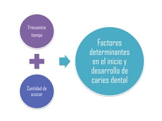 Frecuencia
tiempo
Cantidad de
azúcar
Factores
determinantes
en el inicio y
desarrollo de
caries dental
 