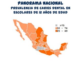 Panorama nacional
prevalencia de caries dental en
escolares de 12 años de edad
 