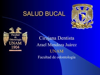 SALUD BUCALSALUD BUCAL
Cirujana Dentista
Arael Mendoza Juárez
UNAM
Facultad de odontología
 