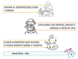 SALUD BUCAL – 2014
VISITAR AL ODONTOLOGO CADA
6 MESES
CEPILLARSE LOS DIENTES, ENCIAS Y
LENGUA 3 VECES AL DIA
ELEGIR ALIMENTOS QUE AYUDEN
A TENER DIENTES SANOS Y FUERTES
 