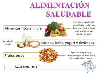 Frutos secos
Lácteos, leche, yogurt y derivados
Alimentos ricos en fibra
SALUD BUCAL – 2014
Estimula la producción
de saliva la cual es un
factor protector dado
que mantiene los
dientes limpios.
Aporte de
calcio
Aportan magnesio y
minerales que forman parte
de la estructura dental
 