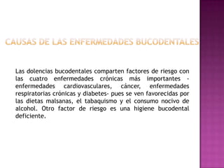 Las dolencias bucodentales comparten factores de riesgo con
las cuatro enfermedades crónicas más importantes enfermedades cardiovasculares, cáncer, enfermedades
respiratorias crónicas y diabetes- pues se ven favorecidas por
las dietas malsanas, el tabaquismo y el consumo nocivo de
alcohol. Otro factor de riesgo es una higiene bucodental
deficiente.

 