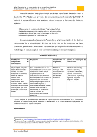 Salud Comunitaria. La construcción de un campo interdisciplinar
Aproximaciones desde la formación de Técnicos en Salud
Serie Sociedad/Salud 55
Para llevar adelante este ejercicio los/as estudiantes tienen como referencia y base el
Cuadernillo Nº 2 “Elaborando proyectos de comunicación para el desarrollo” (UNICEF)27
. A
partir de la lectura del mismo y de las etapas a tener en cuenta se distinguen los siguientes
aspectos:
- El escenario de implementación del Programa de Salud;
- Las audiencias que están involucradas en la intervención;
- Los espacios de circulación y los espacios de decisión;
- Los medios y modos de comunicación.
Una vez desglosado el documento28
procedieron a la interpretación de los distintos
componentes de la comunicación. Se trata de poder leer en los Programas de Salud
(nacionales, provinciales y municipales) las formas en que se planifica lo comunicacional. La
metodología de trabajo adoptada en el ejercicio realizado siguió los siguientes pasos:
Tres pasos necesarios (*)
Identificación de
componentes de
comunicación
Diagnóstico Herramientas de
diagnóstico
Diseño de estrategias de
comunicación
De acuerdo al proyecto
de salud seleccionado
sobre el cual está
trabajando en el Centro
de Salud, deberán
identificar los
componentes de
comunicación. Para
realizarlo deberá prestar
atención a situaciones de
comunicación que estén
planteadas y realizar un
listado.
Para poder intervenir en una
realidad desde la comunicación
es necesario contar con un
diagnóstico desde la
comunicación: es un análisis
específico de las características
de producción, circulación,
recepción y re significación de
sentidos en un grupo o
comunidad. Identificar actores;
identificar necesidades y
capacidades de los actores;
analizar circuitos de
comunicación; estudios de
recepción.
Análisis de
mensajes y del
discurso; Estudio
de consumos;
Estudios de
audiencias
Informar, sensibilizar y
motivar a la acción;
Desarrollar habilidades;
Generar participación;
Comunicar los objetivos y
logros del proyecto-
programa elegido.
(*) Para ampliar el procedimiento realizado se sugiere consultar el Cuadernillo Nº 2 “Elaborando
proyectos de comunicación para el desarrollo” (UNICEF). Este es un cuadro de elaboración propia, una
síntesis que ilustra los tópicos trabajados.
Reflexión final
27
Disponible en http://www.unicef.org/argentina/spanish/EDUPAScuadernillo-2%281%29.pdf
28
Se presentan Programas de Salud que corresponden a políticas públicas implementadas en las localidades, en los
barrios desde los equipos que conforman el Centro de Salud.
 