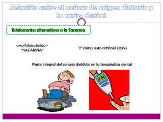 o-sulfobenzimida =
“SACARINA”
1° compuesto artificial (1879)
Parte integral del consejo dietético en la terapéutica dental
 
