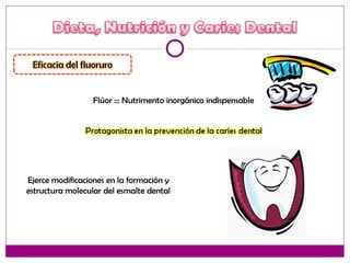 Flúor ::: Nutrimento inorgánico indispensable
Ejerce modificaciones en la formación y
estructura molecular del esmalte dental
 