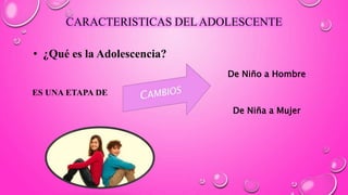 CARACTERISTICAS DEL ADOLESCENTE
• ¿Qué es la Adolescencia?
ES UNA ETAPA DE
De Niña a Mujer
De Niño a Hombre
 