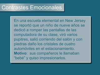 Contrastes Emocionales
En una escuela elemental en New Jersey
se reportó que un niño de nueve años se
dedicó a romper las pantallas de las
computadora de su clase, viró varios
pupitres, salió corriendo del salón y con
piedras daño los cristales de cuatro
automóviles en el estacionamiento.
Motivo: sus compañeros le llamaban
“bebé” y quiso impresionarlos.
 