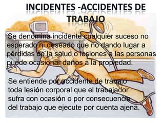 Se denomina incidente cualquier suceso no
esperado ni deseado que no dando lugar a
pérdidas de la salud o lesiones a las personas
puede ocasionar daños a la propiedad.

Se entiende por accidente de trabajo
toda lesión corporal que el trabajador
sufra con ocasión o por consecuencia
del trabajo que ejecute por cuenta ajena.
 