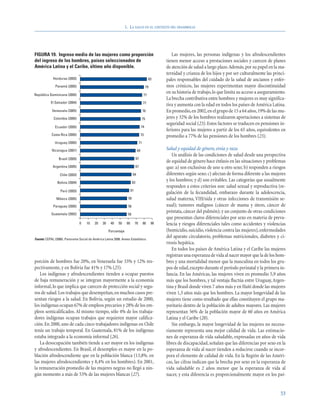 1. LA SALUD EN EL CONTEXTO DEL DESARROLLO




FIGURA 19. Ingreso medio de las mujeres como proporción                                                  Las mujeres, las personas indígenas y los afrodescendientes
del ingreso de los hombres, países seleccionados de                                                   tienen menor acceso a prestaciones sociales y carecen de planes
América Latina y el Caribe, último año disponible.                                                    de atención de salud a largo plazo.Además, por su papel en la ma-
                                                                                                      ternidad y crianza de los hijos y por ser culturalmente las princi-
             Honduras (2003)                                                                 83       pales responsables del cuidado de la salud de ancianos y enfer-
              Panamá (2005)                                                                 79        mos crónicos, las mujeres experimentan mayor discontinuidad
República Dominicana (2005)                                                            77
                                                                                                      en su historia de trabajo, lo que limita su acceso a aseguramiento.
                                                                                                      La brecha contributiva entre hombres y mujeres es muy significa-
           El Salvador (2004)                                                          77
                                                                                                      tiva y aumenta con la edad en todos los países de América Latina.
            Venezuela (2005)                                                           76             En promedio,en 2002,en el grupo de 15 a 64 años,19% de las mu-
             Colombia (2005)                                                           75             jeres y 32% de los hombres realizaron aportaciones a sistemas de
                                                                                                      seguridad social (23). Estos factores se traducen en pensiones in-
              Ecuador (2005)                                                       74
                                                                                                      feriores para las mujeres a partir de los 65 años, equivalentes en
            Costa Rica (2005)                                                      73                 promedio a 77% de las pensiones de los hombres (23).
              Uruguay (2005)                                                      71

            Nicaragua (2001)                                                  69                      Salud y equidad de género, etnia y raza
                                                                                                         Un análisis de las condiciones de salud desde una perspectiva
                 Brasil (2005)                                                67
                                                                                                      de equidad de género hace énfasis en las situaciones y problemas
             Argentina (2005)                                                 67                      que: a) son exclusivas de uno u otro sexo; b) responden a riesgos
                  Chile (2003)                                           64                           diferentes según sexo; c) afectan de forma diferente a las mujeres
                Bolivia (2004)                                           63
                                                                                                      y los hombres; y d) son evitables. Las categorías que usualmente
                                                                                                      responden a estos criterios son: salud sexual y reproductiva (re-
                  Perú (2003)                                           61
                                                                                                      gulación de la fecundidad, embarazo durante la adolescencia,
               México (2005)                                        58                                salud materna, VIH/sida y otras infecciones de transmisión se-
             Paraguay (2005)                                        58                                xual); tumores malignos (cáncer de mama y útero, cáncer de
           Guatemala (2002)
                                                                                                      próstata, cáncer del pulmón); y un conjunto de otras condiciones
                                                                   58
                                                                                                      que presentan claros diferenciales por sexo en materia de preva-
                                 0   10   20    30    40   50      60        70        80        90   lencia y riesgos diferenciales tales como accidentes y violencias
                                                     Porcentaje                                       (homicidio, suicidio, violencia contra las mujeres), enfermedades
Fuente: CEPAL (2006). Panorama Social de América Latina 2006. Anexo Estadístico.
                                                                                                      del aparato circulatorio, problemas nutricionales, diabetes y ci-
                                                                                                      rrosis hepática.
                                                                                                         En todos los países de América Latina y el Caribe las mujeres
                                                                                                      registran una esperanza de vida al nacer mayor que la de los hom-
porción de hombres fue 20%, en Venezuela fue 33% y 12% res-                                           bres y una mortalidad menor que la masculina en todos los gru-
pectivamente, y en Bolivia fue 41% y 17% (25).                                                        pos de edad, excepto durante el período perinatal y la primera in-
    Los indígenas y afrodescendientes tienden a ocupar puestos                                        fancia. En las Américas, las mujeres viven en promedio 5,9 años
de baja remuneración y se integran mayormente a la economía                                           más que los hombres, y tal ventaja fluctúa entre Uruguay, Argen-
informal, lo que implica que carecen de protección social y segu-                                     tina y Brasil donde viven 7 años más y en Haití donde las mujeres
ros de salud. Los trabajos que desempeñan, en muchos casos pre-                                       viven 1,3 años más que los hombres. La mayor longevidad de las
sentan riesgos a la salud. En Bolivia, según un estudio de 2000,                                      mujeres tiene como resultado que ellas constituyen el grupo ma-
los indígenas ocupan 67% de empleos precarios y 28% de los em-                                        yoritario dentro de la población de adultos mayores. Las mujeres
pleos semicalificados. Al mismo tiempo, sólo 4% de los trabaja-                                       representan 56% de la población mayor de 60 años en América
dores indígenas ocupan trabajos que requieren mayor califica-                                         Latina y el Caribe (28).
ción. En 2000, uno de cada cinco trabajadores indígenas en Chile                                         Sin embargo, la mayor longevidad de las mujeres no necesa-
tenía un trabajo temporal. En Guatemala, 81% de los indígenas                                         riamente representa una mejor calidad de vida. Las estimacio-
estaba integrado a la economía informal (26).                                                         nes de esperanza de vida saludable, expresadas en años de vida
    La desocupación también tiende a ser mayor en los indígenas                                       libres de discapacidad, señalan que las diferencias por sexo en la
y afrodescendientes. En Brasil, el desempleo es mayor en la po-                                       esperanza de vida al nacer tienden a reducirse cuando se incor-
blación afrodescendiente que en la población blanca (13,8%. en                                        pora el elemento de calidad de vida. En la Región de las Améri-
las mujeres afrodescendientes y 8,4% en los hombres). En 2001,                                        cas, las cifras indican que la brecha por sexo en la esperanza de
la remuneración promedio de las mujeres negras no llegó a nin-                                        vida saludable es 2 años menor que la esperanza de vida al
gún momento a más de 53% de las mujeres blancas (27).                                                 nacer, y esta diferencia es proporcionalmente mayor en los paí-


                                                                                                                                                                      53
 