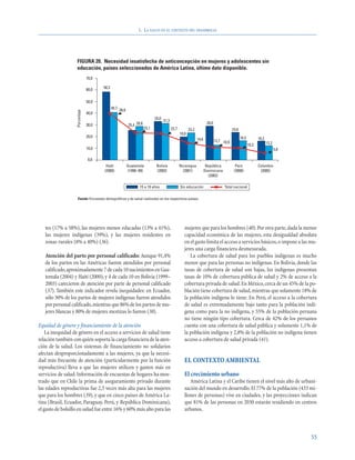 1. LA SALUD EN EL CONTEXTO DEL DESARROLLO




                   FIGURA 20. Necesidad insatisfecha de anticoncepción en mujeres y adolescentes sin
                   educación, países seleccionados de América Latina, último dato disponible.
                                70,0

                                60,0   58,3


                                50,0
                                              40,7
                                                     39,6
                   Porcentaje




                                40,0
                                                                               33,0
                                                                                      31,3
                                30,0                        25,4 28,8                                                     29,0
                                                                        23,1                 22,7          23,2                              23,6
                                                                                                    19,8
                                20,0                                                                                                                16,5          16,2
                                                                                                                  14,6           12,7 10,9
                                                                                                                                                           10,2          12,2
                                10,0                                                                                                                                            5,8

                                 0,0
                                        Haití               Guatemala           Bolivia             Nicaragua             República            Perú               Colombia
                                       (2000)                (1998–99)          (2003)                (2001)             Dominicana           (2000)               (2005)
                                                                                                                            (2002)

                                                                   15 a 19 años                     Sin educación                      Total nacional

                   Fuente: Encuestas demográficas y de salud realizadas en los respectivos países.




   tes (17% a 58%), las mujeres menos educadas (13% a 41%),                                            mujeres que para los hombres (40). Por otra parte, dada la menor
   las mujeres indígenas (39%), y las mujeres residentes en                                            capacidad económica de las mujeres, esta desigualdad absoluta
   zonas rurales (8% a 40%) (36).                                                                      en el gasto limita el acceso a servicios básicos, o impone a las mu-
                                                                                                       jeres una carga financiera desmesurada.
   Atención del parto por personal calificado: Aunque 91,4%                                               La cobertura de salud para los pueblos indígenas es mucho
   de los partos en las Américas fueron atendidos por personal                                         menor que para las personas no indígenas. En Bolivia, donde las
   calificado,aproximadamente 7 de cada 10 nacimientos en Gua-                                         tasas de cobertura de salud son bajas, los indígenas presentan
   temala (2004) y Haití (2000), y 4 de cada 10 en Bolivia (1999–                                      tasas de 10% de cobertura pública de salud y 2% de acceso a la
   2003) carecieron de atención por parte de personal calificado                                       cobertura privada de salud. En México, cerca de un 45% de la po-
   (37). También este indicador revela inequidades: en Ecuador,                                        blación tiene cobertura de salud, mientras que solamente 18% de
   sólo 30% de los partos de mujeres indígenas fueron atendidos                                        la población indígena lo tiene. En Perú, el acceso a la cobertura
   por personal calificado,mientras que 86% de los partos de mu-                                       de salud es extremadamente bajo tanto para la población indí-
   jeres blancas y 80% de mujeres mestizas lo fueron (38).                                             gena como para la no indígena, y 55% de la población peruana
                                                                                                       no tiene ningún tipo cobertura. Cerca de 42% de los peruanos
Equidad de género y financiamiento de la atención                                                      cuenta con una cobertura de salud pública y solamente 1,1% de
    La inequidad de género en el acceso a servicios de salud tiene                                     la población indígena y 2,8% de la población no indígena tienen
relación también con quién soporta la carga financiera de la aten-                                     acceso a cobertura de salud privada (41).
ción de la salud. Los sistemas de financiamiento no solidarios
afectan desproporcionadamente a las mujeres, ya que la necesi-
dad más frecuente de atención (particularmente por la función                                          EL CONTEXTO AMBIENTAL
reproductiva) lleva a que las mujeres utilicen y gasten más en
servicios de salud. Información de encuestas de hogares ha mos-                                        El crecimiento urbano
trado que en Chile la prima de aseguramiento privado durante                                              América Latina y el Caribe tienen el nivel más alto de urbani-
las edades reproductivas fue 2,5 veces más alta para las mujeres                                       zación del mundo en desarrollo. El 77% de la población (433 mi-
que para los hombres (39), y que en cinco países de América La-                                        llones de personas) vive en ciudades, y las proyecciones indican
tina (Brasil, Ecuador, Paraguay, Perú, y República Dominicana),                                        que 81% de las personas en 2030 estarán residiendo en centros
el gasto de bolsillo en salud fue entre 16% y 60% más alto para las                                    urbanos.



                                                                                                                                                                                      55
 