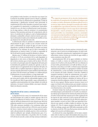 1. LA SALUD EN EL CONTEXTO DEL DESARROLLO




de la pérdida en todo el mundo y a un ritmo dos veces mayor. Casi
la mitad de esta pérdida regional ocurrió en Brasil. La globaliza-
ción sin restricciones, la urbanización no planificada y la falta de
                                                                           “ La negación lapermanente dede laderechos fundamentales
                                                                           ha conducido a marginación
                                                                                                         los
                                                                                                              población indígena, que
ordenamiento y planificación territorial están provocando la               se traduce en índices alarmantes de pobreza, falta de tierra y
transformación de las selvas forestales en pasturas (para aumen-           territorios, bajos salarios, desempleo acentuado, altos índices
tar la ganadería de exportación), en plantaciones monocultivo              de analfabetismo, especialmente femenino, deserción escolar
(incluso de coca y de soya), en infraestructura (como los proyec-          y un perfil epidemiológico con una carga alta de enfermedad,
tos de mega represas y redes de carreteras) y en asentamientos             discapacidad y muerte prematura, donde predominan las
humanos. Otras presiones provienen de la especulación sobre la             causas prevenibles. Las comunidades, cantones y municipios
tierra y la producción de madera, la cual es fundamentalmente
                                                                           con mayor porcentaje de población indígena son los que están
destinada a combustible en Brasil y América Central y para satis-
                                                                           más alejados de los indicadores establecidos en las metas de
facer la demanda de madera en las industrias de muebles en Asia,
que abastecen los mercados del norte (44).
   La deforestación reduce la cantidad y la calidad de fuentes de
                                                                           los objetivos de la Declaración del Milenio.
                                                                                                                         ”
                                                                                                                        Mirta Roses, 2006
abastecimiento de agua y resulta en una creciente erosión del
suelo y sedimentación de cuerpos de agua, así como en severa
degradación o pérdida de biodiversidad. Es también una fuente
importante de las emisiones de gas de efecto invernadero: la               alta de sedimentación, por fuentes marinas y terrestres de conta-
deforestación en América Latina y el Caribe es responsable de              minación y por el exceso de actividad pesquera. En toda la sub-
48,3% del total de emisión mundial de dióxido de carbono.                  región se comprueba contaminación y agotamiento de las aguas
   Además, unas 313 millones de hectáreas en América Latina y              subterráneas costeras (incluso por incursión de agua salada), a
el Caribe (o 15,7% de su territorio) (42) es suelo degradado. La           costos económicos muy altos (42).
degradación es más severa en Mesoamérica, donde afecta 26%                    Aproximadamente 86% de las aguas residuales en América
del territorio, mientras que en América del Sur afecta 14% (45).           Latina y el Caribe se vierten sin tratamiento previo en ríos y
La erosión es la principal causa de la degradación del suelo, pero         océanos. En el Caribe, la cifra alcanza 90% (42). Las refinerías en
la intensificación gradual de la producción agrícola es otro im-           el Gran Caribe, particularmente en el Golfo de México y las per-
portante factor en el agotamiento de los nutrientes del suelo, y la        foraciones costa afuera en el Golfo y en Brasil causan importante
erosión eólica es también importante en algunas áreas. Las con-            contaminación petrolífera. Los agroquímicos también son fuente
diciones naturales determinan en gran medida la desertificación,           de contaminación y se han encontrado concentraciones tóxicas
que afecta 25% del territorio, que también se ve influenciada por          en los estuarios del Caribe, Colombia y Costa Rica. También el
la deforestación, el excesivo pastoreo y el riego inadecuado.              transporte marítimo es fuente de contaminación, con la activi-
   La deforestación y la degradación del suelo representan ries-           dad de carga que ha duplicado su volumen entre 1970 y 2000. A
gos serios para la salud, como las enfermedades agudas y cróni-            través del Canal de Panamá o alrededor de América del Sur se
cas causadas por falta de agua potable o agua contaminada, de-             transportan desechos peligrosos, incluso los materiales radioac-
sequilibrio nutricional producto de la baja calidad o de la falta de       tivos de otras regiones. Muchas especies invasivas vienen en el
nutrientes, y la muerte o lesiones debido a una mayor vulnerabi-           cargo o en el lastre de las embarcaciones, por ejemplo crustáceos,
lidad a los desastres naturales.                                           moluscos e insectos, que han causado grandes daños económicos
                                                                           a la infraestructura y a las cosechas.
                                                                              Al mismo tiempo, hay mucha preocupación por el exceso de
Degradación de las costas y contaminación                                  actividad pesquera, particularmente en el Caribe. Las estimacio-
de los mares                                                               nes indican que la mayoría de los sistemas de producción local en
   La degradación de las costas y la contaminación de los mares            el Caribe Central están bajo amenaza por la sobre-explotación de
son determinantes de la salud en variados aspectos. Más de la              las especies de valor comercial. La pesca marina del Caribe tuvo
mitad de la población de América Latina y el Caribe vive en un             un máximo en 1994, y representó cerca de 28% de la captura pes-
radio de 100 km de distancia de la costa, mientras que 38% de la           quera mundial, y la pesca en Perú y Chile, que representa la ma-
población mundial vive en esa situación (42). Una estimación de            yoría de esta captura, se dobló o triplicó en relación a los años
1996 sobre amenazas mundiales a los ecosistemas indica que                 ochenta (47). Pero la captura pesquera descendió un 50% en
50% de la costa de América del Sur y 29% de la costa de América            1998. Sin embargo, aunque para 2000 había aumentado un 84%
del Norte y América Central estaban en riesgo potencial mode-              en relación al nivel de 1994, estas fluctuaciones alertan sobre los
rado o alto proveniente de ciudades, puertos y otros con alta den-         peligros de la excesiva actividad pesquera.
sidad de población (por ejemplo, infraestructura para el tu-                  Los efectos de las costas degradadas y de los mares contami-
rismo), y tuberías industriales o de petróleo (46). En el Caribe,          nados sobre la salud van, desde enfermedades infecciosas, lesio-
61% del área de arrecifes corales está bajo amenaza moderada o             nes y muertes causadas por el aumento de la vulnerabilidad frente

                                                                                                                                           57
 