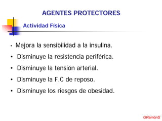 AGENTES PROTECTORES
      Actividad Física


•   Mejora la sensibilidad a la insulina.
• Disminuye la resistencia periférica.
• Disminuye la tensión arterial.
• Disminuye la F.C de reposo.
• Disminuye los riesgos de obesidad.


                                             GRamónS
                                            GRamónS
 