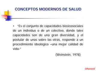 CONCEPTOS MODERNOS DE SALUD



• “Es el conjunto de capacidades biosicosociales
de un individuo o de un colectivo, donde tales
capacidades son de una gran diversidad, y el
postular de unas sobre las otras, responde a un
procedimiento ideológico –una mejor calidad de
vida-”
                             (Weinstein, 1978)



                                                    GRamónS
                                                   GRamónS
 