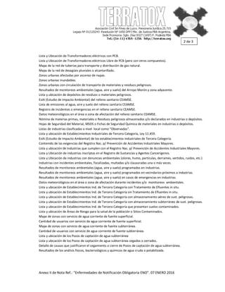 Anexo II de Nota Ref.: “Enfermedades de Notificación Obligatoria ENO”. 07 ENERO 2016
Lista y Ubicación de Transformadores eléctricos con PCB.
Lista y Ubicación de Transformadores eléctricos Libre de PCB (pero con otros compuestos).
Mapa de la red de tuberías para transporte y distribución de gas natural.
Mapa de la red de desagües pluviales o alcantarillado.
Zonas urbanas afectadas por ascenso de napas.
Zonas urbanas inundables.
Zonas urbanas con circulación de transporte de materiales y residuos peligrosos.
Resultados de monitoreos ambientales (agua, aire y suelo) del Arroyo Morón y zona adyacente.
Lista y ubicación de depósitos de residuos o materiales peligrosos.
EsIA (Estudio de Impacto Ambiental) del relleno sanitario CEAMSE.
Lista de emisiones al agua, aire y suelo del relleno sanitario CEAMSE.
Registro de incidentes o emergencias en el relleno sanitario CEAMSE.
Datos meteorológicos en el área o zona de afectación del relleno sanitario CEAMSE.
Nómina de materias primas, materiales o Residuos peligrosos almacenados y/o declarados en industrias o depósitos.
Hojas de Seguridad del Material, MSDS o Fichas de Seguridad Química de materiales en industrias o depósitos.
Listas de industrias clasificadas a nivel local como “Observadas”.
Lista y ubicación de Establecimientos Industriales de Tercera Categoría, Ley 11.459.
EsIA (Estudio de Impacto Ambiental) de los establecimientos industriales de Tercera Categoría.
Contenido de las exigencias del Registro Nac. p/ Prevención de Accidentes Industriales Mayores.
Lista y ubicación de Industrias que cumplen con el Registro Nac. p/ Prevención de Accidentes Industriales Mayores.
Lista y Ubicación de industrias inscriptas en el Registro de Sustancias y Agentes Cancerígenos.
Lista y Ubicación de industrias con denuncias ambientales (olores, humo, partículas, derrames, vertidos, ruidos, etc.)
Industrias con incidentes ambientales, fiscalizadas, multadas y/o clausuradas una o más veces.
Resultados de monitoreos ambientales (agua, aire y suelo) programados en industrias.
Resultados de monitoreos ambientales (agua, aire y suelo) programados en vecindarios próximos a industrias.
Resultados de monitoreos ambientales (agua, aire y suelo) en casos de emergencias en industrias.
Datos meteorológicos en el área o zona de afectación durante incidentes y/o monitoreos ambientales.
Lista y ubicación de Establecimientos Ind. de Tercera Categoría con Tratamiento de Efluentes in situ.
Lista y ubicación de Establecimientos Ind. de Tercera Categoría sin Tratamiento de Efluentes in situ.
Lista y ubicación de Establecimientos Ind. de Tercera Categoría con almacenamiento aéreo de sust. peligrosas.
Lista y ubicación de Establecimientos Ind. de Tercera Categoría con almacenamiento subterráneo de sust. peligrosas.
Lista y ubicación de Establecimientos Ind. de Tercera Categoría que presentan suelos contaminados.
Lista y ubicación de Áreas de Riesgo para la salud de la población o Sitios Contaminados.
Mapa de zonas con servicio de agua corriente de fuente superficial.
Cantidad de usuarios con servicio de agua corriente de fuente superficial.
Mapa de zonas con servicio de agua corriente de fuente subterránea.
Cantidad de usuarios con servicio de agua corriente de fuente subterránea.
Lista y ubicación de los Pozos de captación de agua subterránea
Lista y ubicación de los Pozos de captación de agua subterránea cegados o cerrados.
Detalle de causas que justificaron el cegamiento o cierre de Pozos de captación de agua subterránea.
Resultados de los análisis físicos, bacteriológicos y químicos de agua cruda o potabilizada.
2 de 3
 