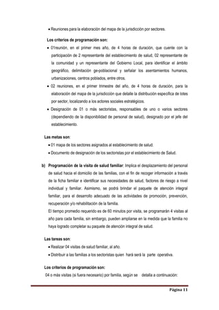 Página 11
 Reuniones para la elaboración del mapa de la jurisdicción por sectores.
Los criterios de programación son:
 01reunión, en el primer mes año, de 4 horas de duración, que cuente con la
participación de 2 representante del establecimiento de salud, 02 representante de
la comunidad y un representante del Gobierno Local, para identificar el ámbito
geográfico, delimitación ge-poblacional y señalar los asentamientos humanos,
urbanizaciones, centros poblados, entre otros.
 02 reuniones, en el primer trimestre del año, de 4 horas de duración, para la
elaboración del mapa de la jurisdicción que detalle la distribución especifica de lotes
por sector, localizando a los actores sociales estratégicos.
 Designación de 01 o más sectoristas, responsables de uno o varios sectores
(dependiendo de la disponibilidad de personal de salud), designado por el jefe del
establecimiento.
Las metas son:
 01 mapa de los sectores asignados al establecimiento de salud.
 Documento de designación de los sectoristas por el establecimiento de Salud.
b) Programación de la visita de salud familiar: Implica el desplazamiento del personal
de salud hacia el domicilio de las familias, con el fin de recoger información a través
de la ficha familiar e identificar sus necesidades de salud, factores de riesgo a nivel
individual y familiar. Asimismo, se podrá brindar el paquete de atención integral
familiar, para el desarrollo adecuado de las actividades de promoción, prevención,
recuperación y/o rehabilitación de la familia.
El tiempo promedio requerido es de 60 minutos por visita, se programarán 4 visitas al
año para cada familia, sin embargo, pueden ampliarse en la medida que la familia no
haya logrado completar su paquete de atención integral de salud.
Las tareas son:
 Realizar 04 visitas de salud familiar, al año.
 Distribuir a las familias a los sectoristas quien hará será la parte operativa.
Los criterios de programación son:
04 o más visitas (si fuera necesario) por familia, según se detalla a continuación:
 
