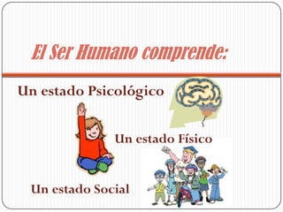 El Ser Humano comprende:
Un estado Psicológico


              Un estado Físico


 Un estado Social
 