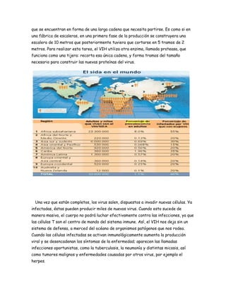 que se encuentran en forma de una larga cadena que necesita partirse. Es como si en
una fábrica de escaleras, en una primera fase de la producción se construyera una
escalera de 10 metros que posteriormente tuviera que cortarse en 5 tramos de 2
metros. Para realizar esta tarea, el VIH utiliza otra enzima, llamada proteasa, que
funciona como una tijera: recorta esa única cadena, y forma tramos del tamaño
necesario para construir las nuevas proteínas del virus.




 Una vez que están completos, los virus salen, dispuestos a invadir nuevas células. Ya
infectadas, éstas pueden producir miles de nuevos virus. Cuando esto sucede de
manera masiva, el cuerpo no podrá luchar efectivamente contra las infecciones, ya que
las células T son el centro de mando del sistema inmune. Así, el VIH nos deja sin un
sistema de defensa, a merced del océano de organismos patógenos que nos rodea.
Cuando las células infectadas se activan inmunológicamente aumenta la producción
viral y se desencadenan los síntomas de la enfermedad; aparecen las llamadas
infecciones oportunistas, como la tuberculosis, la neumonía y distintas micosis, así
como tumores malignos y enfermedades causadas por otros virus, por ejemplo el
herpes.
 