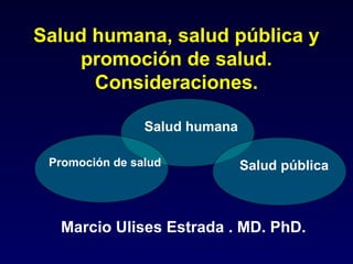 Salud humana, salud pública y
promoción de salud.
Consideraciones.
Marcio Ulises Estrada . MD. PhD.
Salud humana
Salud públicaPromoción de salud
 