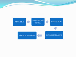 PRINCIPIOS
PARTICIPACIÓN
SOCIAL
INTEGRALIDAD
INTERSECTORIALIDADINTERCULTURALIDAD
 