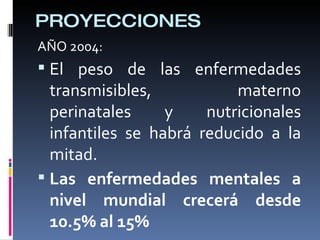 PROYECCIONES
AÑO 2004:
 El peso de las enfermedades
transmisibles, materno
perinatales y nutricionales
infantiles se habrá reducido a la
mitad.
 Las enfermedades mentales a
nivel mundial crecerá desde
10.5% al 15%
 