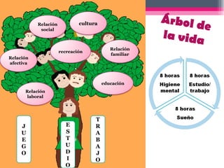 Árbol d
           Relación           cultura
                                                              e
                                                      la vida
            social



                                           Relación
                      recreación
                                           familiar
Relación
afectiva



                                        educación
      Relación
       laboral




                                    T
     J                  E           R
     U                  S           A
     E                  T           B
     G                  U           A
     O                  D           J
                        I           O
                        O
 