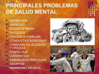 PRINCIPALES PROBLEMAS
DE SALUD MENTAL:
 DEPRESIÓN
 ANSIEDAD
 ESQUIZOFRENIA
 SUICIDIOS
 VIOLENCIA FAMILIAR
 CONDUCTAS AGRESIVAS
 CONSUMO DE ALCOHOL
Y DROGAS
 PANDILLAJE
 LUDOPATIAS
 EMBARAZOS PRECOCES
 ABORTOS
 ABANDONO INFANTIL
 