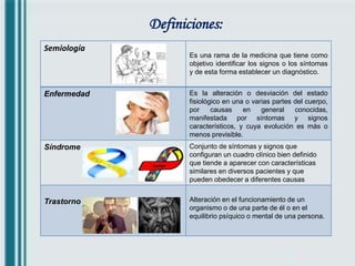 Semiología
Es una rama de la medicina que tiene como
objetivo identificar los signos o los síntomas
y de esta forma establecer un diagnóstico.
Enfermedad Es la alteración o desviación del estado
fisiológico en una o varias partes del cuerpo,
por causas en general conocidas,
manifestada por síntomas y signos
característicos, y cuya evolución es más o
menos previsible.
Síndrome Conjunto de síntomas y signos que
configuran un cuadro clínico bien definido
que tiende a aparecer con características
similares en diversos pacientes y que
pueden obedecer a diferentes causas
Trastorno Alteración en el funcionamiento de un
organismo o de una parte de él o en el
equilibrio psíquico o mental de una persona.
Definiciones:
 