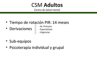 CSM  Adultos Centro de Salud mental Tiempo de rotación PIR: 14 meses Derivaciones Sub-equipos Psicoterapia individual y grupal - At. Primaria - Especialistas Urgencias 