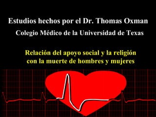 Estudios hechos por el Dr. Thomas Oxman Colegio Médico de la Universidad de Texas  Relación  d el apoyo social y la religión con la muerte de hombres y mujeres 