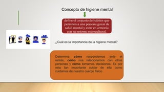 Concepto de higiene mental
define el conjunto de hábitos que
permiten a una persona gozar de
salud mental y estar en armonía
con su entorno sociocultural.
¿Cuál es la importancia de la higiene mental?
Determina cómo respondemos ante el
estrés, cómo nos relacionamos con otras
personas y cómo tomamos decisiones. Es por
esto tan importante cuidar de ella como
cuidamos de nuestro cuerpo físico.
 