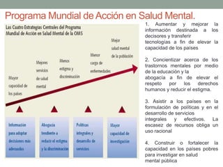 Programa Mundial de Acción en Salud Mental.
1. Aumentar y mejorar la
información destinada a los
decisores y transferir
tecnologías a fin de elevar la
capacidad de los países
2. Concientizar acerca de los
trastornos mentales por medio
de la educación y la
abogacía a fin de elevar el
respeto por los derechos
humanos y reducir el estigma.
3. Asistir a los países en la
formulación de políticas y en el
desarrollo de servicios
integrales y efectivos. La
escasez de recursos obliga un
uso racional
4. Construir o fortalecer la
capacidad en los países pobres
para investigar en salud
mental pública
 