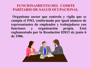 FUNCIONAMIENTO DEL  COMITE PARITARIO DE SALUD OCUPACIONAL Organismo asesor que controla y vigila que se cumpla el PSO, conformado por igual número de representantes de empleador y trabajadores con funciones y organización propia. Está reglamentado por la Resolución 02013 de junio 6 de 1986. 