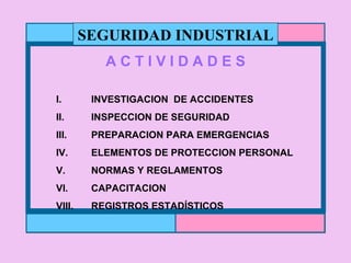 SEGURIDAD INDUSTRIAL A C T I V I D A D E S I.  INVESTIGACION  DE ACCIDENTES II.  INSPECCION DE SEGURIDAD III.  PREPARACION PARA EMERGENCIAS IV.  ELEMENTOS DE PROTECCION PERSONAL V.  NORMAS Y REGLAMENTOS VI.  CAPACITACION VIII.  REGISTROS ESTADÍSTICOS 