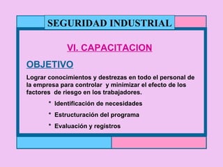 VI. CAPACITACION OBJETIVO Lograr conocimientos y destrezas en todo el personal de la empresa para controlar  y minimizar el efecto de los factores  de riesgo en los trabajadores. *  Identificación de necesidades *  Estructuración del programa *  Evaluación y registros SEGURIDAD INDUSTRIAL 