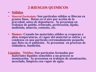 2-RIESGOS QUIMICOS Sólidos Material Particulado :  Son partículas sólidas se liberan en granos finos,  flotan en el aire por acción de la gravedad, antes de depositarse.  Se presentan en trabajos de pulido, triturado, perforación, lijado, molienda, minería, cemento, etc.  Humos:  Cuando los materiales sólidos se evaporan a altas temperaturas, el vapor del material se enfría y se condensa en una partícula extremadamente pequeña que flota en el ambiente.  Se presentan  en procesos de soldadura, fundición.  Líquidos   Nieblas:  Son partículas formadas por materiales líquidos sometidos a un proceso se atomización.  Se presentan en trabajos de atomización, mezclado, limpieza con vapor de agua.  
