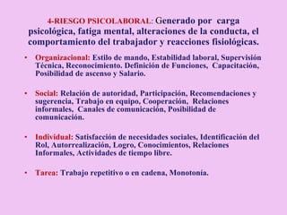 4-RIESGO PSICOLABORAL :  G enerado por  carga psicológica, fatiga mental, alteraciones de la conducta, el comportamiento del trabajador y reacciones fisiológicas. Organizacional:  Estilo de mando, Estabilidad laboral, Supervisión Técnica, Reconocimiento. Definición de Funciones,  Capacitación, Posibilidad de ascenso y Salario. Social:  Relación de autoridad, Participación, Recomendaciones y sugerencia, Trabajo en equipo, Cooperación,  Relaciones informales,  Canales de comunicación, Posibilidad de comunicación. Individual:  Satisfacción de necesidades sociales, Identificación del Rol, Autorrealización, Logro, Conocimientos, Relaciones Informales, Actividades de tiempo libre. Tarea:  Trabajo repetitivo o en cadena, Monotonía. 