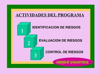 HIGIENE INDUSTRIAL IDENTIFICACION DE RIESGOS ACTIVIDADES DEL PROGRAMA EVALUACION DE RIESGOS CONTROL DE RIESGOS 1 2 3 