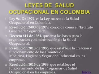    Ley 9a. De 1979, es la Ley marco de la Salud
    Ocupacional en Colombia.
   Resolución 2400 de 1979, conocida como el "Estatuto
    General de Seguridad".
   Decreto 614 de 1984, que crea las bases para la
    organización y administración de la Salud
    Ocupacional.
   Resolución 2013 de 1986, que establece la creación y
    funcionamiento de los Comités de
    Medicina, Higiene y Seguridad Industrial en las
    empresas.
   Resolución 1016 de 1989, que establece el
    funcionamiento de los Programas de Salud
    Ocupacional en las empresas.                   Inicio
 