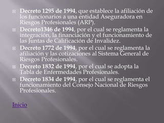    Decreto 1295 de 1994, que establece la afiliación de
    los funcionarios a una entidad Aseguradora en
    Riesgos Profesionales (ARP).
   Decreto1346 de 1994, por el cual se reglamenta la
    integración, la financiación y el funcionamiento de
    las Juntas de Calificación de Invalidez.
   Decreto 1772 de 1994, por el cual se reglamenta la
    afiliación y las cotizaciones al Sistema General de
    Riesgos Profesionales.
   Decreto 1832 de 1994, por el cual se adopta la
    Tabla de Enfermedades Profesionales.
   Decreto 1834 de 1994, por el cual se reglamenta el
    funcionamiento del Consejo Nacional de Riesgos
    Profesionales.

Inicio
 