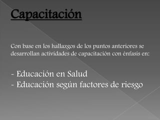 Capacitación

Con base en los hallazgos de los puntos anteriores se
desarrollan actividades de capacitación con énfasis en:


- Educación en Salud
- Educación según factores de riesgo
 