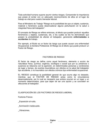 Toda actividad humana supone asumir ciertos riesgos. Comprender la importancia
que posee el contar con un adecuado reconocimiento de ellos en el lugar de
trabajo es vital para nuestro bienestar laboral.

Para el Ministerio de Trabajo “Riesgo es la posibilidad de que un objeto, sustancia,
material o fenómeno pueda desencadenar alguna perturbación en la salud o
integridad física del trabajador”.

El concepto de Riesgo se refiere entonces, al efecto que pueden producir aquellos
fenómenos y objetos, sustancias, etc, a los cuales se les ha demostrado que
poseen la probabilidad de afectar al trabajador, generando enfermedades o
accidentes de trabajo.

Por ejemplo, el Ruido es un factor de riesgo que puede causar una enfermedad
Ocupacional, la Sordera Profesional. El Riesgo es el efecto que puede producir un
Factor de Riesgo.



                             FACTORES DE RIESGO

El factor de riesgo se define como aquel fenómeno, elemento o acción de
naturaleza física, química, orgánica, sicológica o social que por su presencia o
ausencia se relaciona con la aparición, en determinadas personas y condiciones
de lugar y tiempo, de eventos traumáticos con efectos en la salud del trabajador
tipo accidente, o no traumático con efectos crónicos tipo enfermedad ocupacional.

EL RIESGO constituye la posibilidad general de que ocurra algo no deseado,
mientras que el FACTOR DE RIESGO actúa como la circunstancia
desencadenante, por lo cual es necesario que ambos ocurran en un lugar y un
momento determinados, para que dejen de ser una opción y se concreten en
afecciones al trabajador.



CLASIFICACIÓN DE LOS FACTORES DE RIESGO LABORAL

Factores Físicos:

_Exposición al ruido.

_Iluminación inadecuada.

_Vibraciones.




                                     Página
                                     10
 