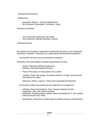 _Temperaturas Extremas.

_Radiaciones

   -   Ionizantes: Rayos X - Isótopos Radioactivos
   -   No Ionizantes: Ultravioletas - Infrarrojos - Láser

Presiones anormales:



   -   Aire comprimido: perforación de túneles
   -   Aire enrarecido: altitudes elevadas, aviación

Factores Químicos



Se originan por el manejo o exposición de elementos químicos y sus compuestos
venenosos, irritantes o corrosivos, los cuales atacan directamente el organismo.

 De acuerdo a la forma como se presenta la sustancia:

Aerosoles: Partículas sólidas o líquidas suspendidas en el aire.

   -   Humos: Partículas sólidas (Combustión).
   -   Neblinas: Partículas líquidas (Pintura).
   -   Polvos: Partículas por manipulación de un sólido.
   -   Líquidos: Tienen dos riesgos: el posible contacto y el vapor, ya que donde
       hay líquidos hay vapor.
   -   Gaseosos: Gases y vapores. Tienen gran capacidad de dispersión.

 De acuerdo al efecto que produzcan las sustancias en el organismo:

   -   Irritantes: Gases lacrimógenos, Cloro. Causan irritación al tracto.
       respiratorio, ojos y piel. Avisan al riesgo.
   -   Asfixiantes: Pueden producir: efectos sobre el ambiente (N, H, Ar) o efectos
       sobre la persona (CO, HCN).
   -   Anestésicos y Narcóticos: Actúan sobre el sistema nervioso: Hidrocarburos.




                                       Página
                                       11
 