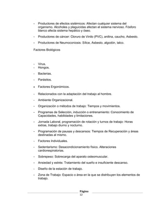 -   Productores de efectos sistémicos: Afectan cualquier sistema del
    organismo. Alcoholes y plaguicidas afectan el sistema nervioso. Fósforo
    blanco afecta sistema hepático y óseo.
-   Productores de cáncer: Cloruro de Vinilo (PVC), anilina, caucho, Asbesto.
-   Productores de Neumoconiosis: Sílice, Asbesto, algodón, talco.

Factores Biológicos



-   Virus.
-   Hongos.
-   Bacterias.
-   Parásitos.

•   Factores Ergonómicos.

-   Relacionados con la adaptación del trabajo al hombre.
-   Ambiente Organizacional.
-   Organización o métodos de trabajo: Tiempos y movimientos.
-   Programas de Selección, inducción o entrenamiento: Conocimiento de
    Capacidades, habilidades y limitaciones.
-   Jornada Laboral, programación de rotación y turnos de trabajo: Horas
    extras, trabajo diurno y nocturno.
-   Programación de pausas y descansos: Tiempos de Recuperación y áreas
    destinadas al mismo.
-   Factores Individuales.
-   Sedentarismo: Desacondicionamiento físico. Alteraciones
    cardiorespiratorias.
-   Sobrepeso: Sobrecarga del aparato osteomuscular.
-   Ansiedad y estrés: Tratamiento del sueño e insuficiente descanso.
-   Diseño de la estación de trabajo.
-   Zona de Trabajo: Espacio o área en la que se distribuyen los elementos de
    trabajo.



                                  Página
                                  12
 