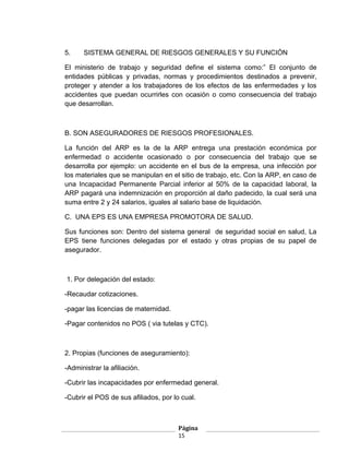 5.    SISTEMA GENERAL DE RIESGOS GENERALES Y SU FUNCIÓN

El ministerio de trabajo y seguridad define el sistema como:” El conjunto de
entidades públicas y privadas, normas y procedimientos destinados a prevenir,
proteger y atender a los trabajadores de los efectos de las enfermedades y los
accidentes que puedan ocurrirles con ocasión o como consecuencia del trabajo
que desarrollan.



B. SON ASEGURADORES DE RIESGOS PROFESIONALES.

La función del ARP es la de la ARP entrega una prestación económica por
enfermedad o accidente ocasionado o por consecuencia del trabajo que se
desarrolla por ejemplo: un accidente en el bus de la empresa, una infección por
los materiales que se manipulan en el sitio de trabajo, etc. Con la ARP, en caso de
una Incapacidad Permanente Parcial inferior al 50% de la capacidad laboral, la
ARP pagará una indemnización en proporción al daño padecido, la cual será una
suma entre 2 y 24 salarios, iguales al salario base de liquidación.

C. UNA EPS ES UNA EMPRESA PROMOTORA DE SALUD.

Sus funciones son: Dentro del sistema general de seguridad social en salud, La
EPS tiene funciones delegadas por el estado y otras propias de su papel de
asegurador.



1. Por delegación del estado:

-Recaudar cotizaciones.

-pagar las licencias de maternidad.

-Pagar contenidos no POS ( via tutelas y CTC).



2. Propias (funciones de aseguramiento):

-Administrar la afiliación.

-Cubrir las incapacidades por enfermedad general.

-Cubrir el POS de sus afiliados, por lo cual.



                                       Página
                                       15
 