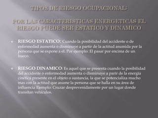    RIESGO ESTATICO: Cuando la posibilidad del accidente o de
    enfermedad aumenta o disminuye a partir de la actitud asumida por la
    persona que se expone a el. Por ejemplo: El pasar por encima de un
    hueco.


   RIESGO DINAMICO: Es aquel que se presenta cuando la posibilidad
    del accidente o enfermedad aumenta o disminuye a parir de la energía
    cinética presente en el objeto o sustancia, la que se potencializa mucho
    mas con la actitud que asume la persona que se halla en su área de
    influencia Ejemplo: Cruzar desprevenidamente por un lugar donde
    transitan vehículos.
 