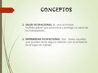 CONCEPTOS
 SALUD OCUPACIONAL: Es una actividad
multidisciplinar que promueve y protege La salud de
los trabajadores.
 ENFERMEDAD OCUPACIONAL : Son todas aquellas
que pueden tener alguna relación con el ambiente
en el lugar de trabajo.

 