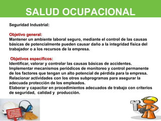 SALUD OCUPACIONAL 
Seguridad Industrial: 
Objetivo general: 
Mantener un ambiente laboral seguro, mediante el control de las causas 
básicas de potencialmente pueden causar daño a la integridad física del 
trabajador o a los recursos de la empresa. 
Objetivos específicos: 
Identificar, valorar y controlar las causas básicas de accidentes. 
Implementar mecanismos periódicos de monitoreo y control permanente 
de los factores que tengan un alto potencial de pérdida para la empresa. 
Relacionar actividades con los otros subprogramas para asegurar la 
adecuada protección de los empleados. 
Elaborar y capacitar en procedimientos adecuados de trabajo con criterios 
de seguridad, calidad y producción. 
 